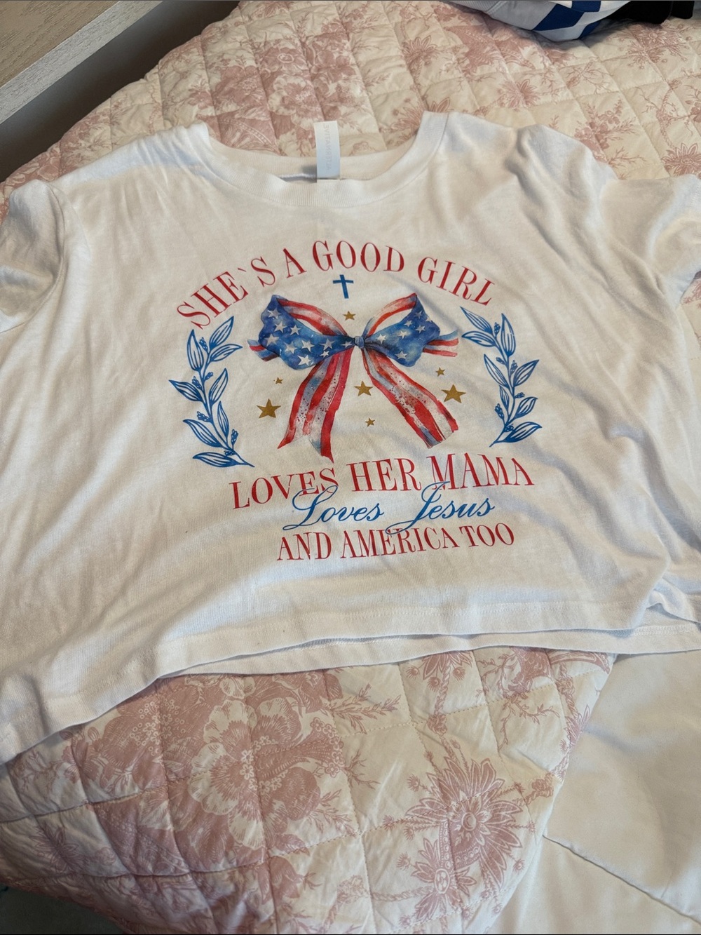 Alternative White Kids Tee with Patriotic Red and Blue Bow Graphic
